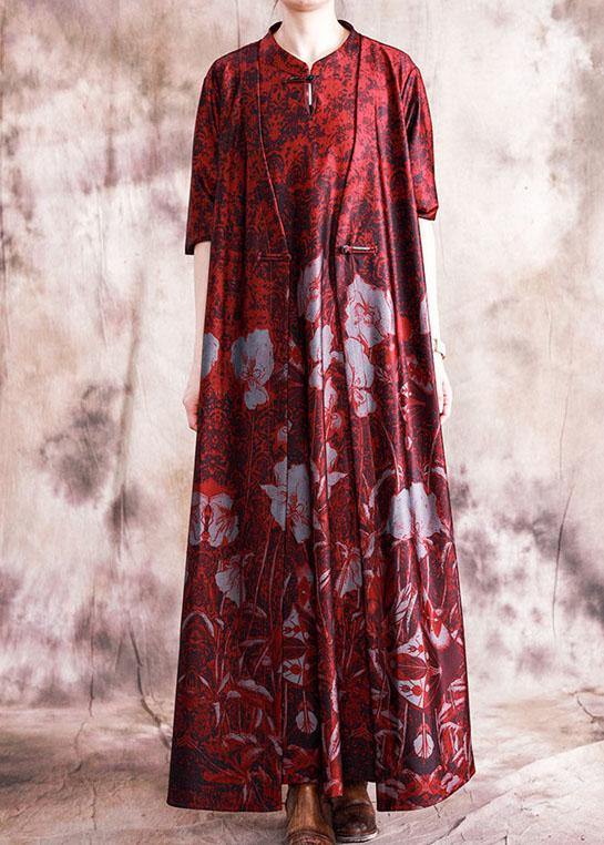Chic stand collar Chinese Button sleeveless cotton tunic top linen red print Dresses fall - SooLinen