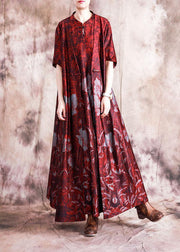 Chic stand collar Chinese Button sleeveless cotton tunic top linen red print Dresses fall - SooLinen