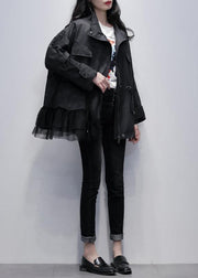 Chic stand collar Fashion coats black patchwork tulle short jackets - SooLinen
