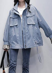 Chic stand collar flare sleeve  clothes blue baggy women coats - SooLinen