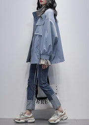 Chic stand collar flare sleeve  clothes blue baggy women coats - SooLinen