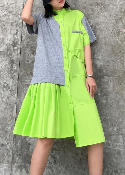 Chic stand collar patchwork Cotton clothes For Women green Dresses - SooLinen