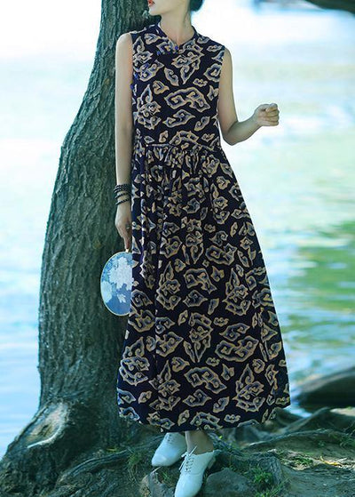 Chic stand collar patchwork cotton clothes Women pattern dark blue print A Line Dress summer - SooLinen