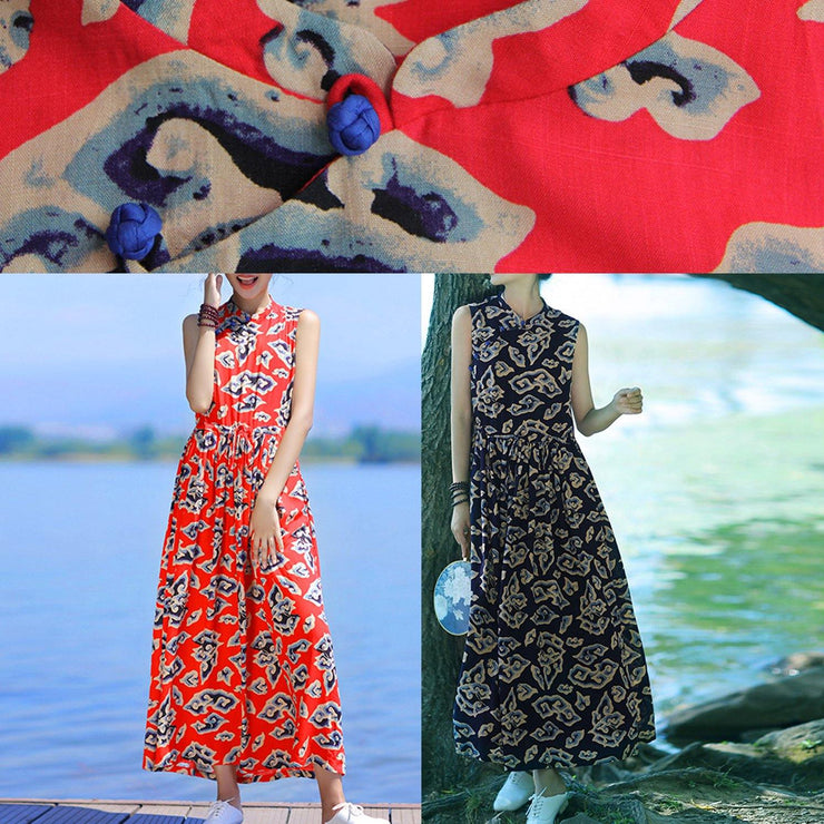 Chic stand collar patchwork cotton clothes Women pattern dark blue print A Line Dress summer - SooLinen