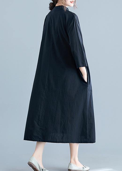 Chic stand collar pockets cotton Wardrobes linen black embroidery long Dress summer - SooLinen