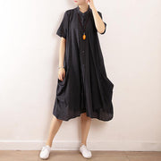 Chic stand collar pockets cotton linen v neck quilting dresses Tunic Tops black striped Dresses - SooLinen