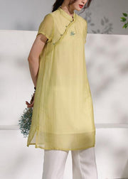 Chic stand collar summer Outfits yellow embroidery Dress - SooLinen