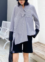 Chic striped shirts women side open asymmetric tunic blouse - SooLinen