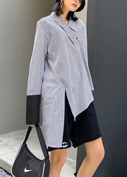 Chic striped shirts women side open asymmetric tunic blouse - SooLinen