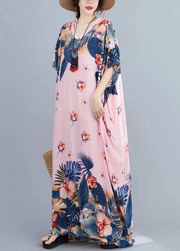 Chic v neck Batwing Sleeve dresses Wardrobes pink print long Dress - SooLinen