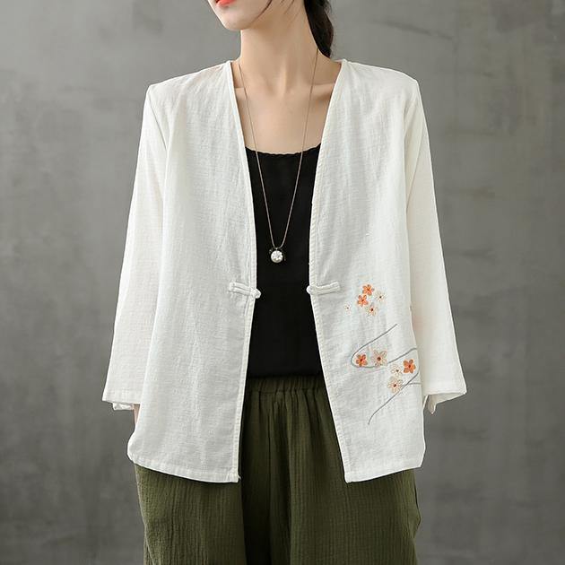Chic v neck Chinese Button crane tops pattern white shirts - SooLinen
