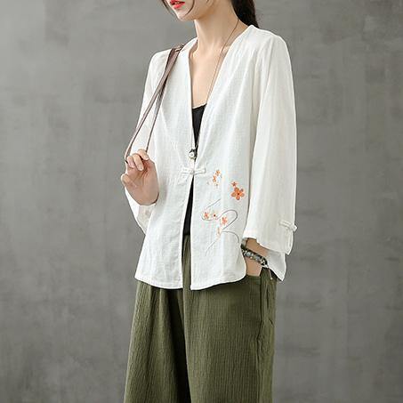 Chic v neck Chinese Button crane tops pattern white shirts - SooLinen