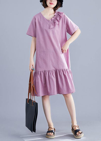 Chic v neck Ruffles linen Long Shirts Outfits purple Dresses summer - SooLinen