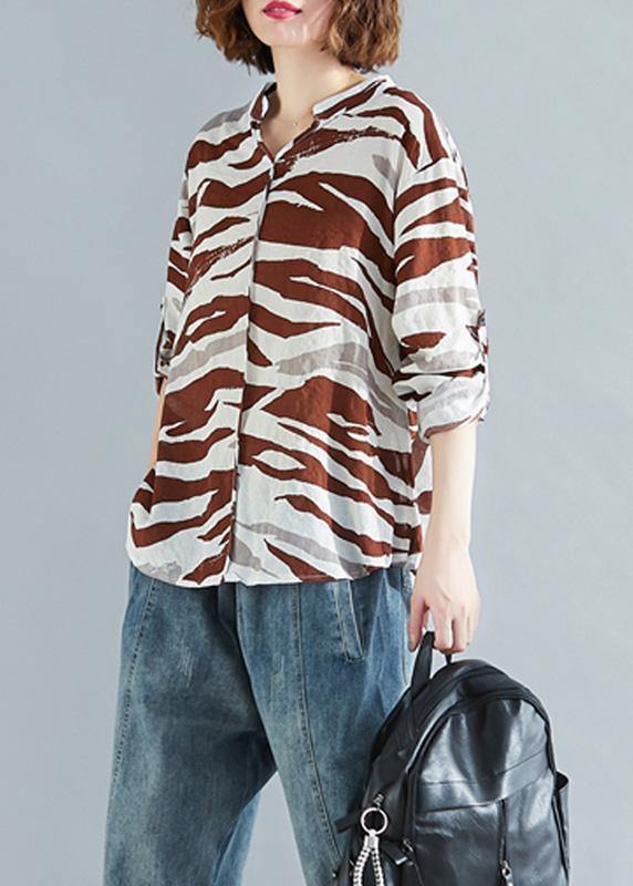 Chic v neck asymmetric linen clothes For Women chocolate striped cotton shirt - SooLinen