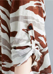 Chic v neck asymmetric linen clothes For Women chocolate striped cotton shirt - SooLinen