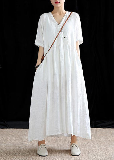 Chic v neck exra large hem linen dresses Work white Dresses summer - SooLinen