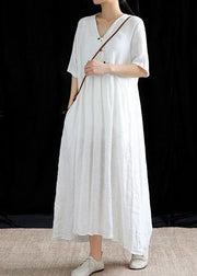 Chic v neck exra large hem linen dresses Work white Dresses summer - SooLinen