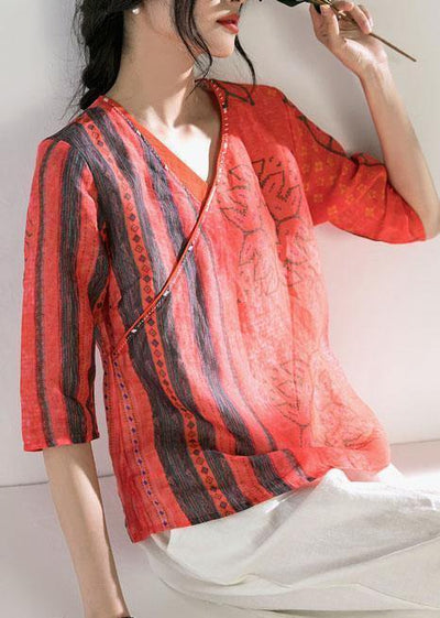 Chic v neck half sleeve linen Blouse Shirts red print top - SooLinen