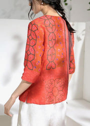 Chic v neck half sleeve linen Blouse Shirts red print top - SooLinen