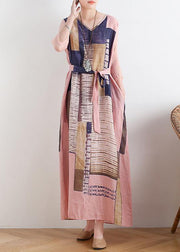 Chic v neck pocketys dresses Photography pink striped Dress - SooLinen