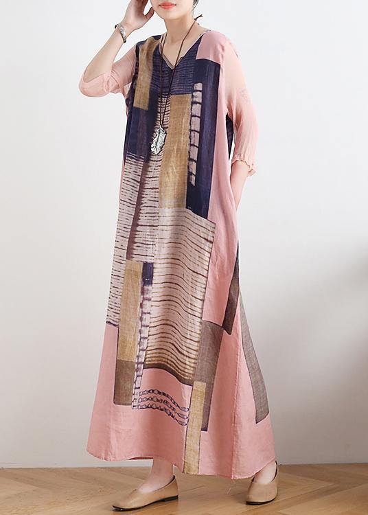 Chic v neck pocketys dresses Photography pink striped Dress - SooLinen
