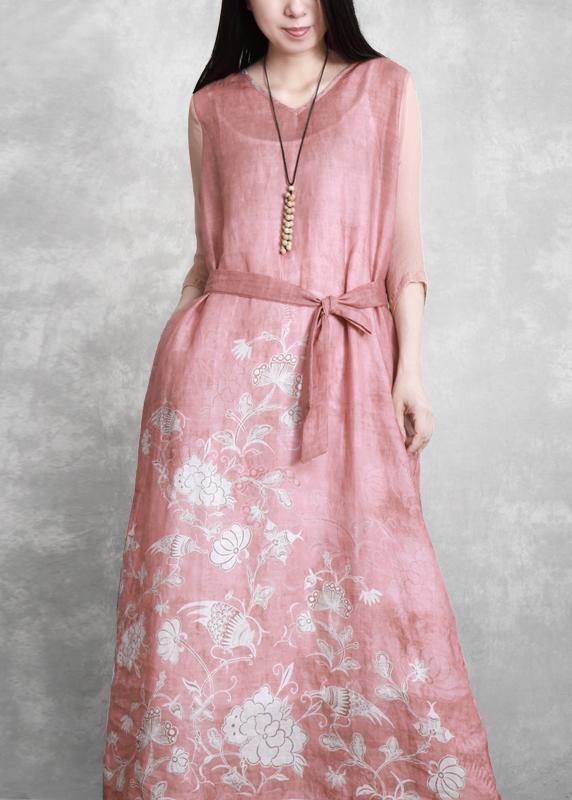 Chic v neck tie waist Wardrobes Catwalk pink print Dress - SooLinen