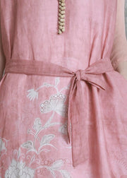 Chic v neck tie waist Wardrobes Catwalk pink print Dress - SooLinen