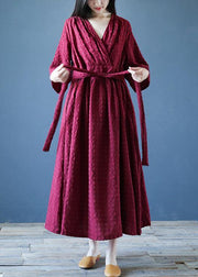 Chic v neck tie waist linen clothes For Women Runway burgundy Dress - SooLinen