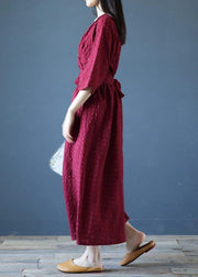 Chic v neck tie waist linen clothes For Women Runway burgundy Dress - SooLinen
