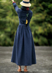 Chic v neck tie waist spring Robes Tunic blue Dresses - SooLinen