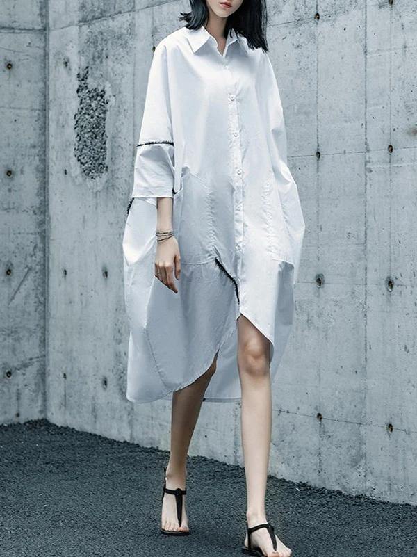 Chic white Cotton tunics for women lapel asymmetric daily shirt Dresses - SooLinen