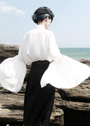 Chic white chiffon clothes For Women pleated sleeve loose lapel collar blouse - SooLinen