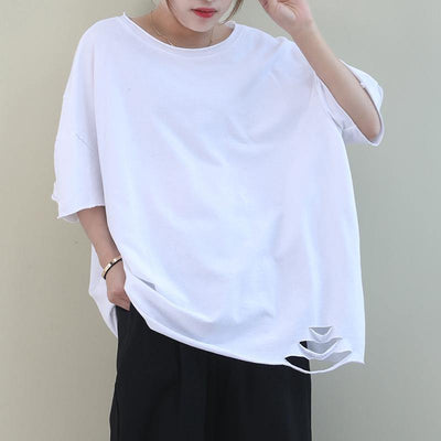 Chic white cotton crane tops o neck Hole oversized shirt - SooLinen