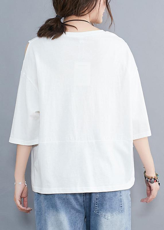 Chic white o neck cotton tunic top off the shoulder daily summer shirt - SooLinen