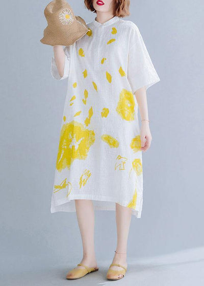 Chic white prints linen dresses stand collar Maxi summer Dress - SooLinen