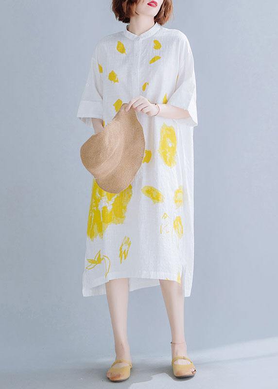 Chic white prints linen dresses stand collar Maxi summer Dress - SooLinen