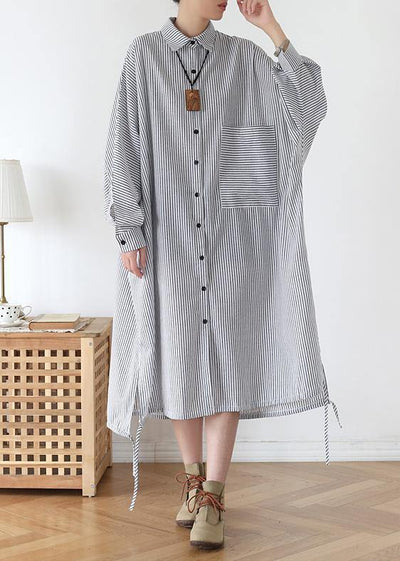 Chic white striped outfit lapel Batwing Sleeve Art fall  Dress - SooLinen