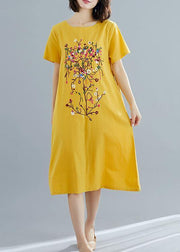 Chic yellow prints Cotton quilting dresses short sleeve shift summer Dress - SooLinen