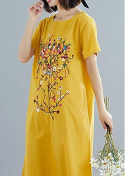 Chic yellow prints Cotton quilting dresses short sleeve shift summer Dress - SooLinen