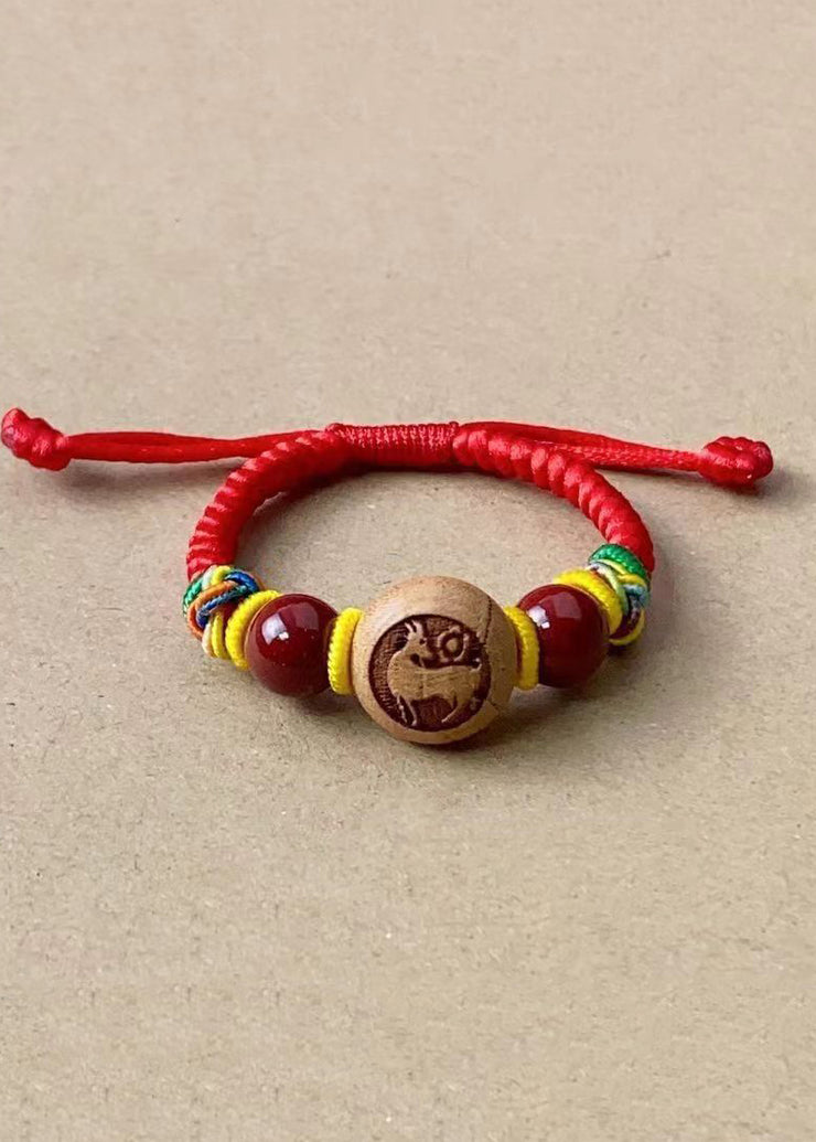Children Cinnabar Peach Wood Zodiac Hand Woven Bracelet