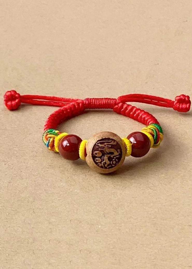 Children Cinnabar Peach Wood Zodiac Hand Woven Bracelet
