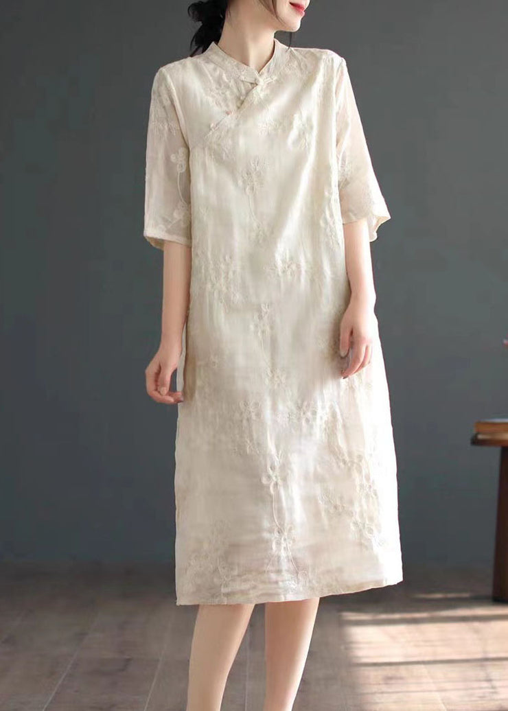 Chinese Style Apricot Embroidered Button Patchwork Linen Dress Summer