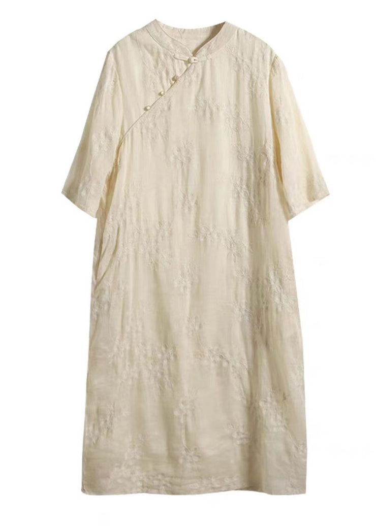 Chinese Style Apricot Embroidered Button Patchwork Linen Dress Summer
