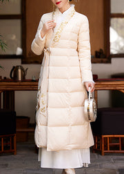 Chinese Style Apricot Embroidered Lace Up Patchwork Duck Down Coat Winter