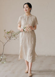 Chinese Style Apricot Embroidered Patchwork Linen Dress Summer