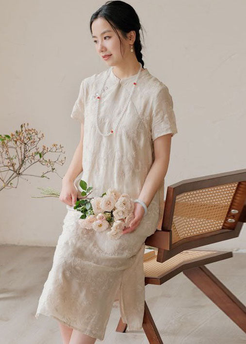 Chinese Style Apricot Embroidered Patchwork Linen Dress Summer