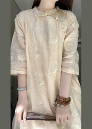 Chinese Style Apricot Embroidered Patchwork Linen Dresses Summer