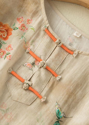 Chinesischer Stil, Aprikose, O-Neck-Druck, orientalische Knopfleiste, seitlich offen, Leinenhemd, Armband-Ärmel