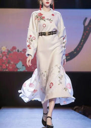 Chinese Style Apricot Print Sashes Cotton Knit Long Sweater Dress Winter