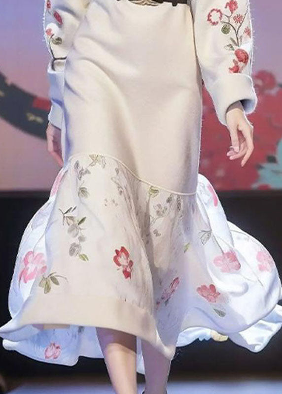 Chinese Style Apricot Print Sashes Cotton Knit Long Sweater Dress Winter